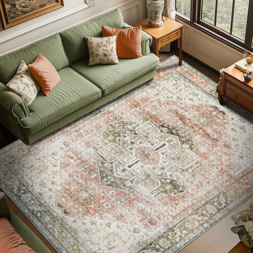 Sxiawe Sunset Canyon Orange 5 ft. x 8 ft. Antique Non Skid Indoor