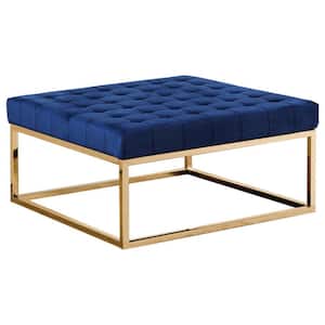 Adnan Tufted Blue Velour Square Gold Plated Ottoman
