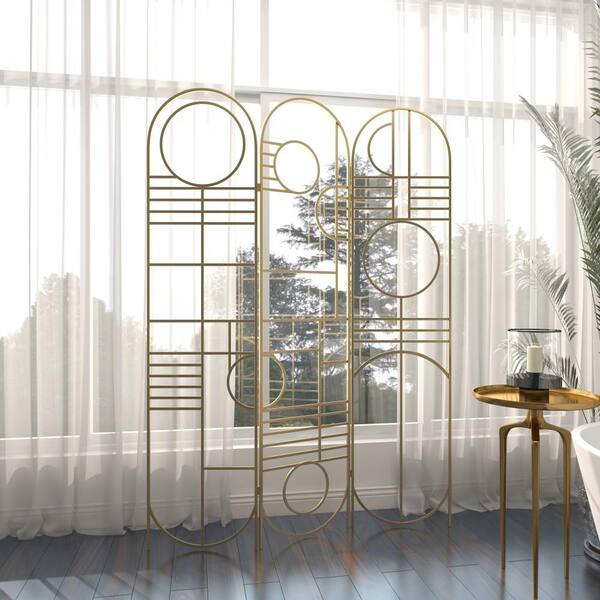 7 ft. Brass 3 Panel Geometric Hinged Foldable Partition Room Divider Screen