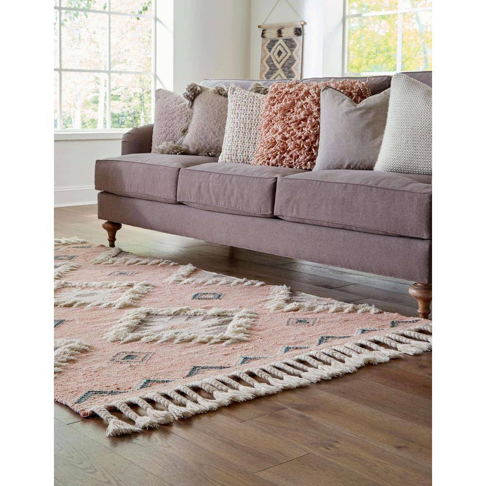 Handmade Pink Wool Geometric Flat Woven Area Rug 4x6