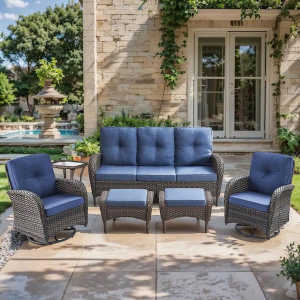 Bellefurn Rotavia Brown 6-Piece Wicker Patio Conversation Set with Swivel Rockers, Outdoor Sofa Seating Set with Blue Cushions
