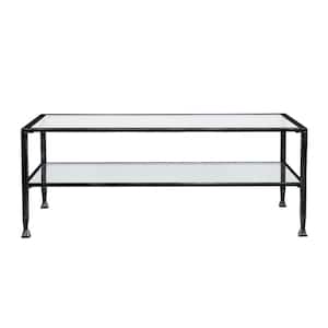 Galena 49 in. Black/Silver Large Rectangle Glass Coffee Table with Shelf