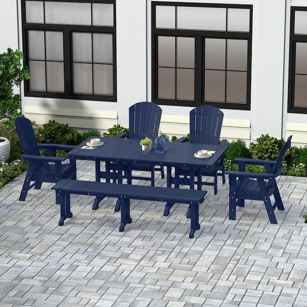 WESTIN OUTDOOR Altura Outdoor Patio Weather Resistant 6-Piece HDPE Plastic Navy Blue Rectangle Adirondack Dining Set With Bench