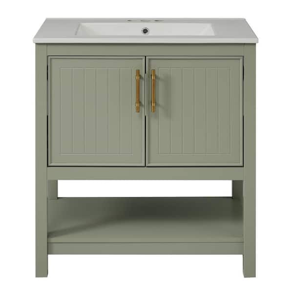 30 in. W x 18.3 in. D x 33.9 in. H Single Sink Bath Vanity in Green with White Ceramic Top and Open Shelf