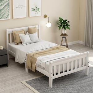 Whiter Twin Size Wood Platform Bed with Headboard and Footboard, Sturdy Sleigh Panel Bed Frame with Wood Slats