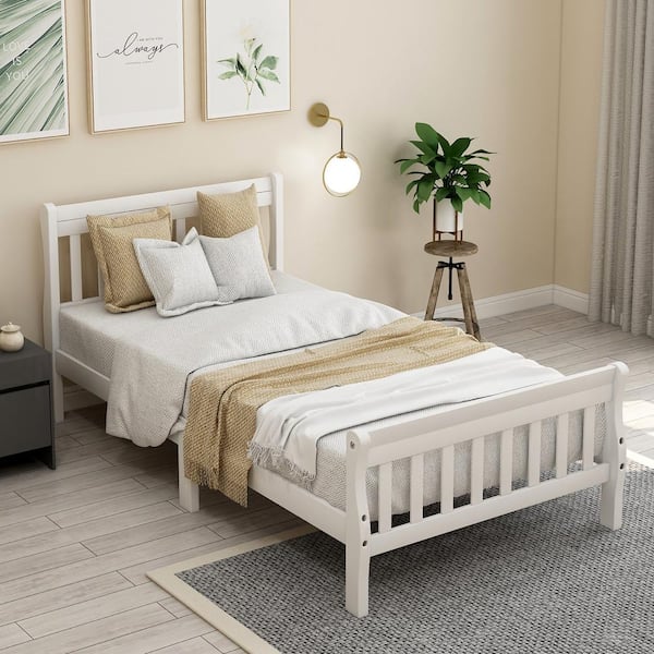 Whiter Twin Size Wood Platform Bed with Headboard and Footboard, Sturdy Sleigh Panel Bed Frame with Wood Slats
