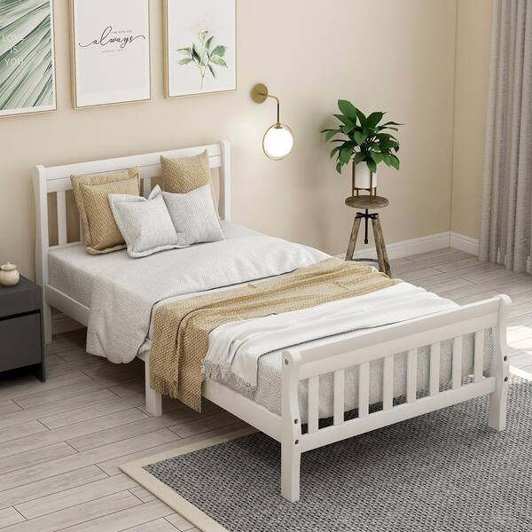 King Size Gray Wooden Panel Bed Frame Antique Sleigh Style w Headboard Footboard 