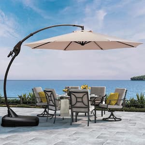 Deluxe Offset Umbrella 11 ft. Aluminum Cantilever Manual Tilt Patio Umbrella in Champagne with Base