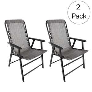 Gray Textilene Fabric and Powder-Coated Steel Folding Lawn Chairs with Bungee Suspension (Set of 2)