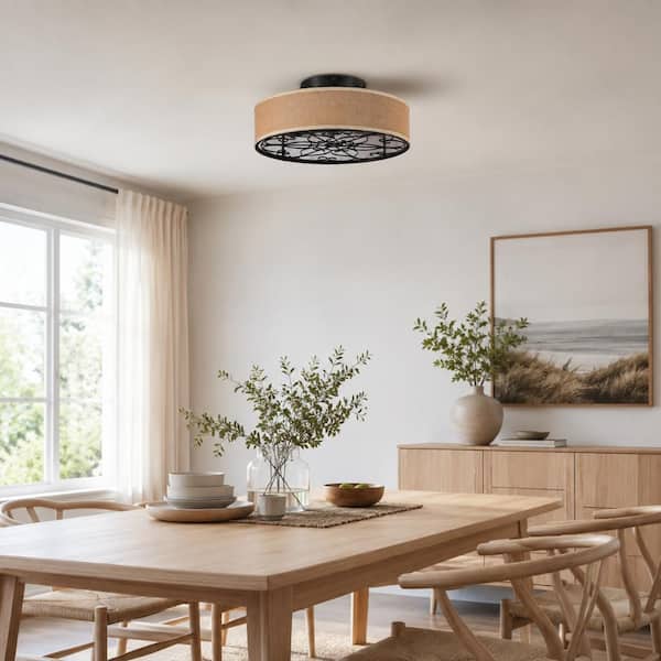 19.7 in. Indoor Beige Low Profile Cage Ceiling Fan with Remote, Fabric Shade