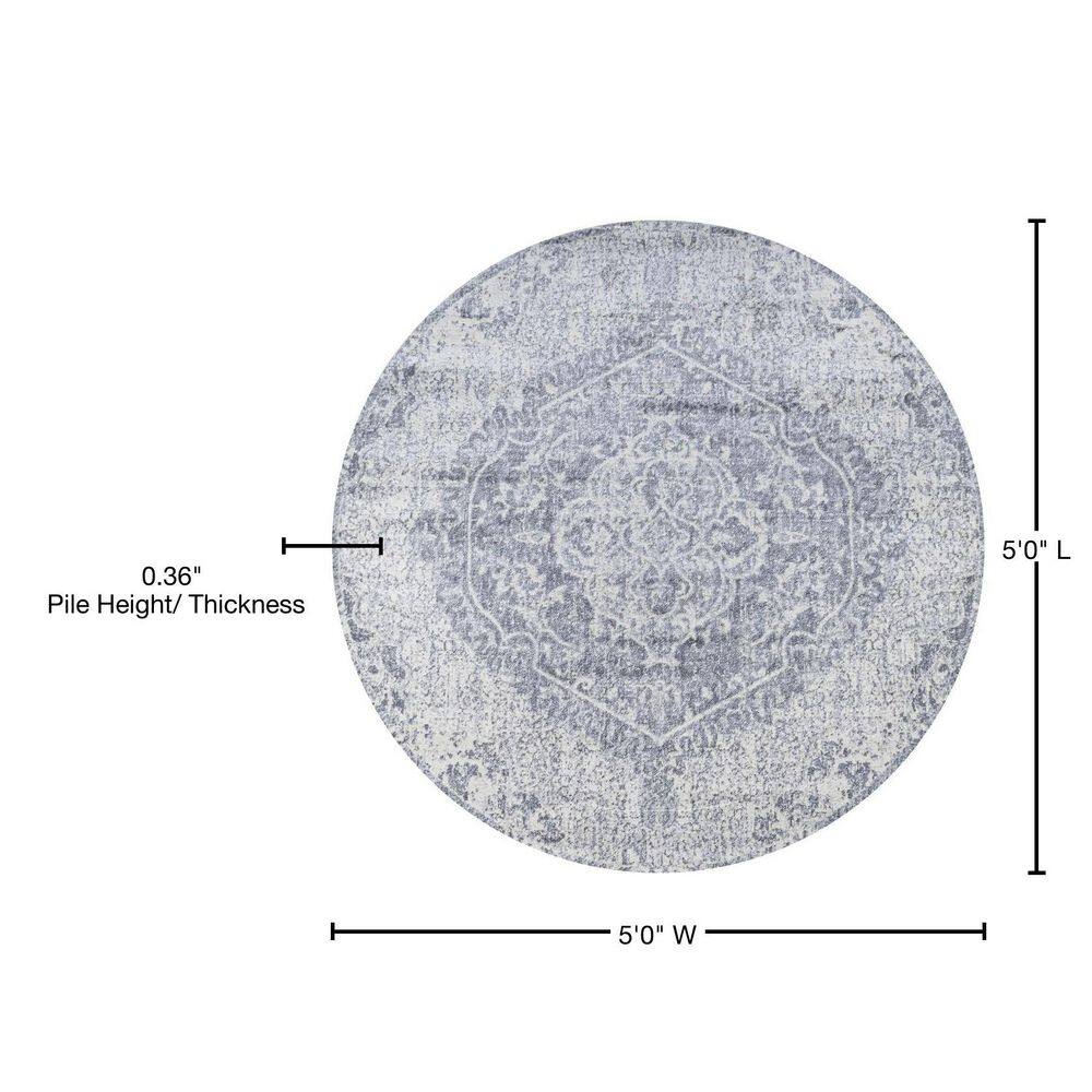 Gray Round Reversible Synthetic Medallion Rug