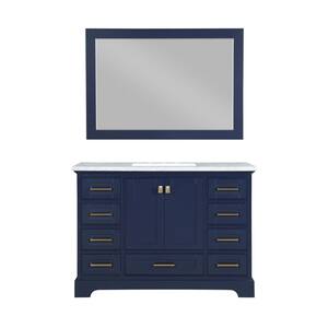 Brittany 48 in. W x 22 in. D Vanity in Dark Blue with Marble Vanity Top in Carrara White with White Basin and Mirror