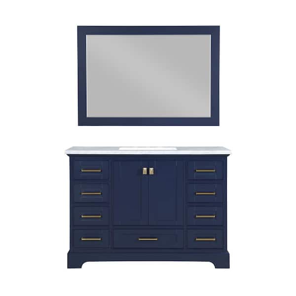 stufurhome Brittany 48 in. W x 22 in. D Vanity in Dark Blue with Marble Vanity Top in Carrara White with White Basin and Mirror