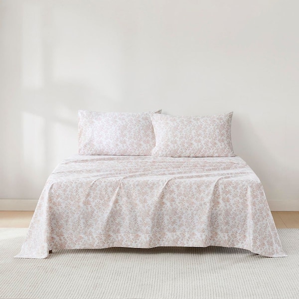 Peony Toile Cotton 4-Piece Set Peach Floral Cotton Full Sheet Set