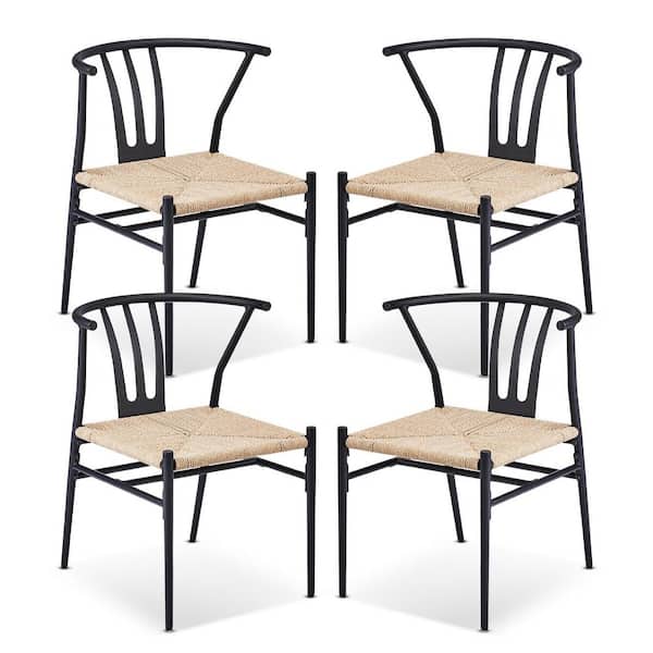 Black Metal Patio Dining Chair with Rope-woven Seat Set of 4