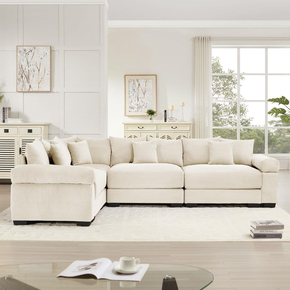 Gillian Modern 116.9 in. Cloud Corduroy Upholstery Modular L-Shaped Sectional Sofa in Beige with 13 Throw Pillows, Cream