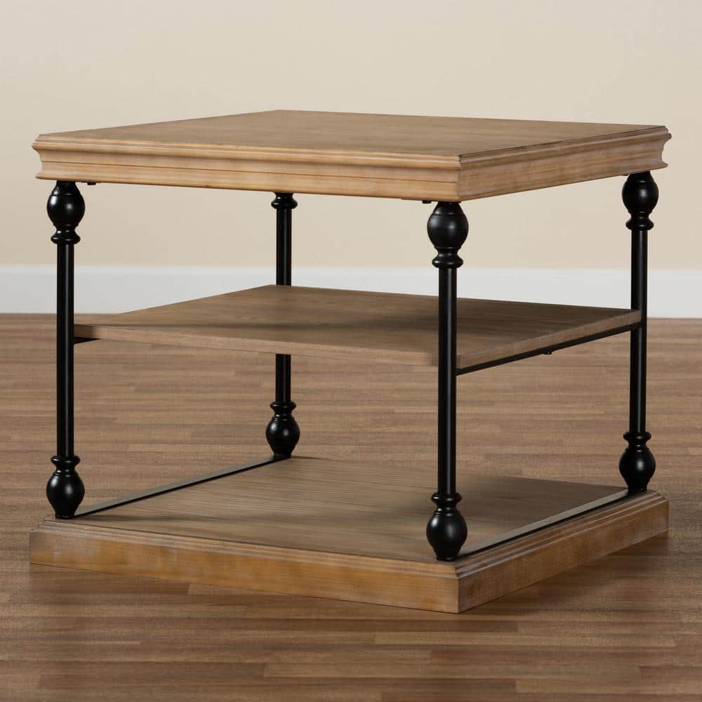 Sebastian Industrial Greywashed Wood & Black Metal 3-Tier End Table