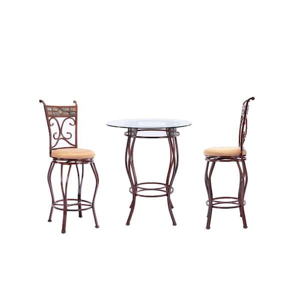 Boraam Beau 42 in. Height 3-Piece Pub Set - Brown Finish with Glass Top