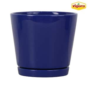 6 in. Piedmont Small Blue Ceramic Planter (6 in. D x 5.7 in. H) with Drainage Hole and Attached Saucer