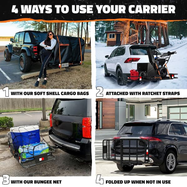 500 lbs. Capacity XL Hitch Mount Cargo Carrier Set w/Folding Shank and 2 in. Raise Includes Cargo Bag Net Straps Locks