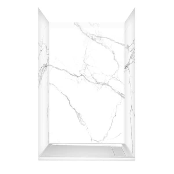 Glacier Bay 48 in L x 34 in W x 78 in H 4-Piece Glue Up Alcove Shower Wall Kit Right Concealed Drain Base in Calcutta White Marble