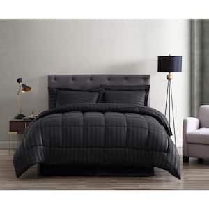 Maple Dobby Stripe 8-Piece Queen Black Bed in a Bag Microfiber Comforter Set