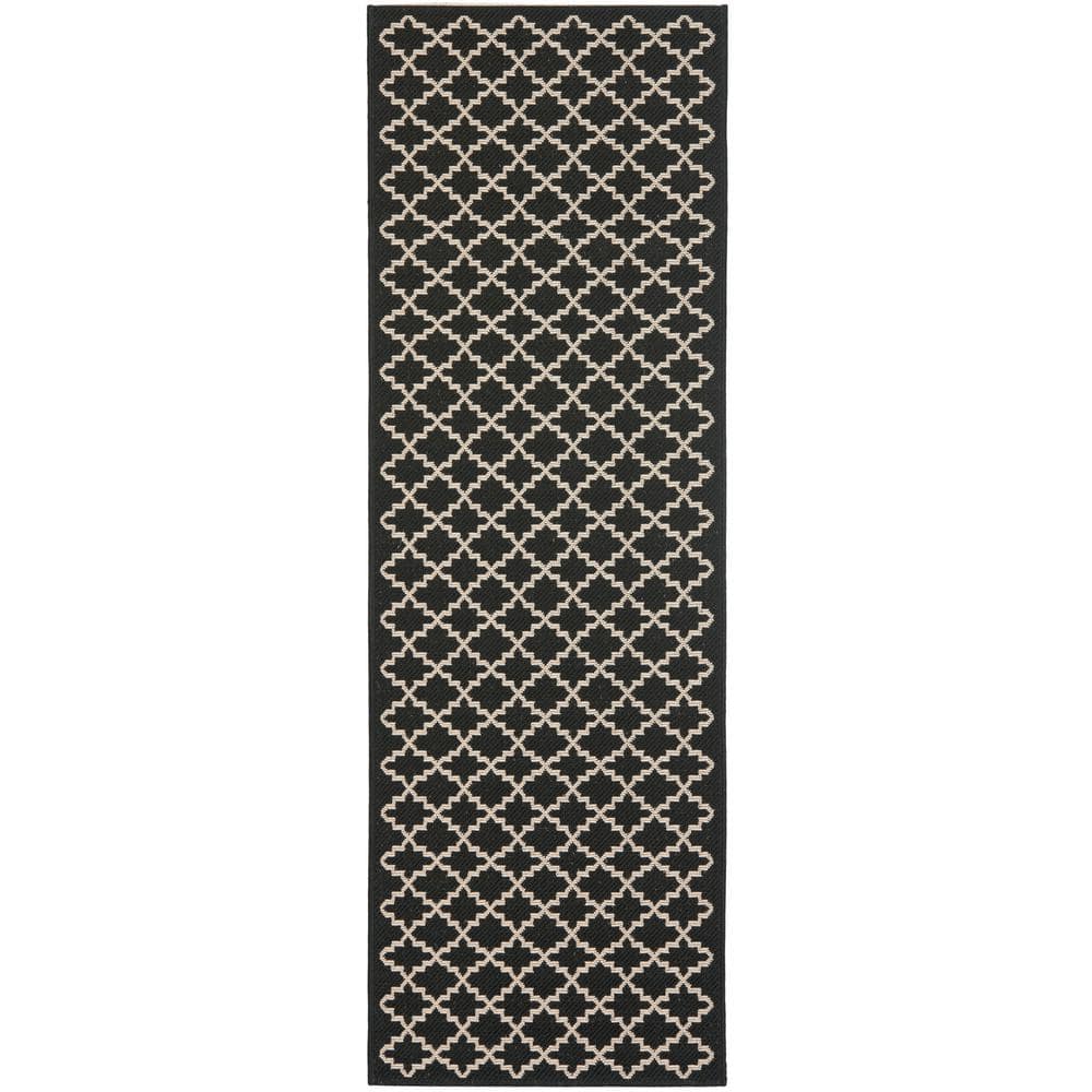 Reversible Black & Beige Synthetic Indoor/Outdoor Flat Woven Rug