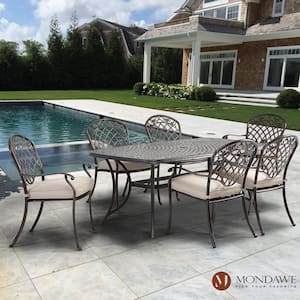 Charcoal Gray 7-Piece Cast Aluminum Rectangle Round Outdoor Dining Set and Backrest Chairs with Beige Cushions