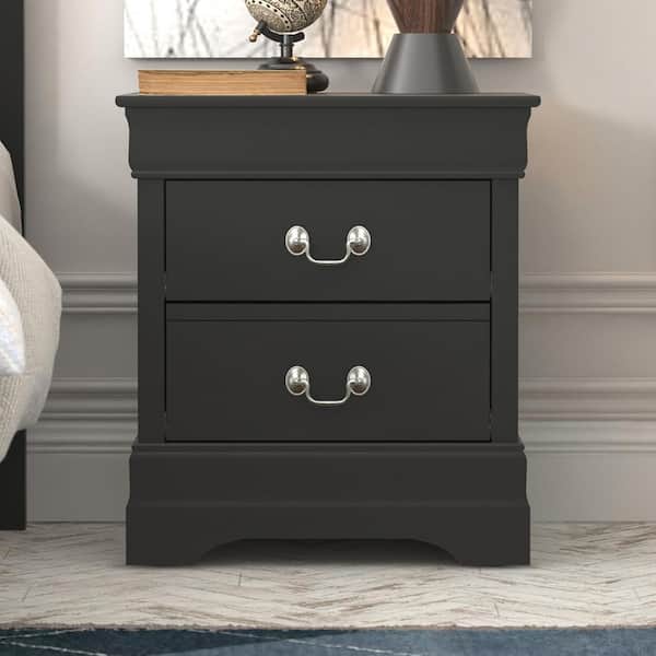 Louis Philippe 2-Drawer Black Bedside Table Cabinet Nightstand