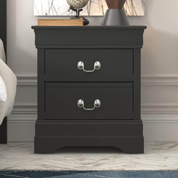 GALANO Louis Philippe 2-Drawer Black Nightstand Sidetable Ultra