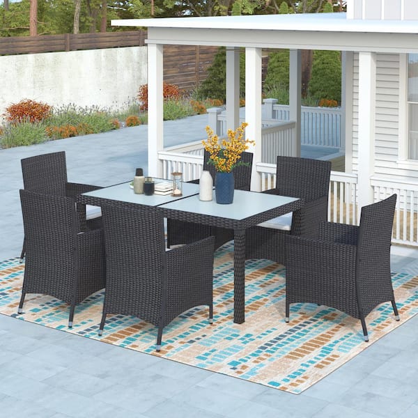 Sungrd 7-Piece Black Wicker Outdoor Dining Set with Washed Beige Cushion