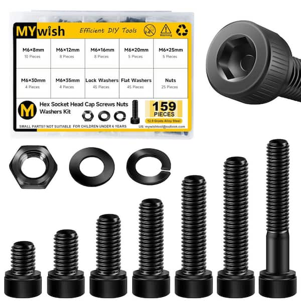 159-Piece M6 x 8-35mm Grade 12.9 Alloy Steel Socket Head Cap Screws, Nut and Washer Assortment Kit