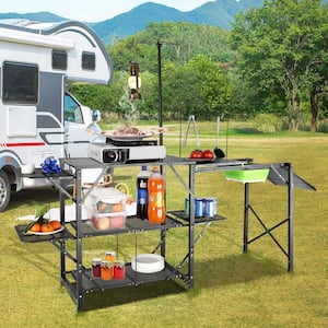 Camping Kitchen Table, 1-Piece Folding Portable Cook Station with A Carrying Bag, Long Aluminum Camping Table 3 Side