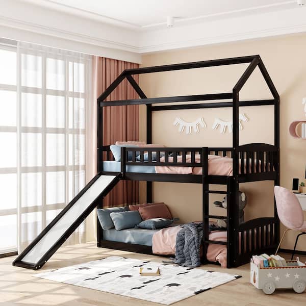 Qualler Espresso Twin over Twin House Bunk Bed with Slide and Ladder