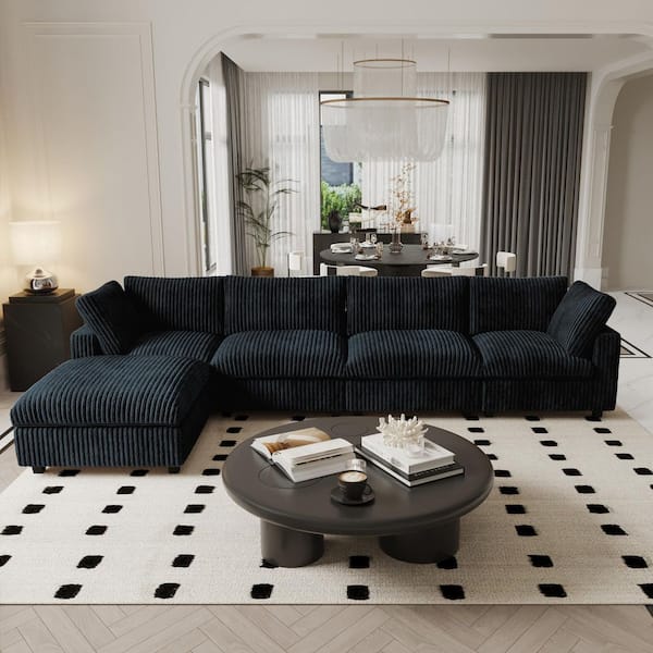 157 in. Square Arm Faux Rabbit Fur Velvet 5-Piece Free Combination Cloud Modular Sectional Sofa with Ottoman in. Black