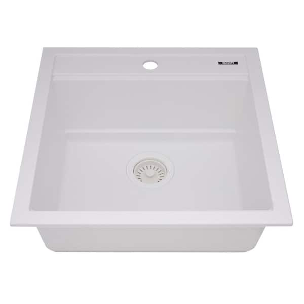 EpiCube Granite Quartz Composite 20 in. Drop-in Bar Sink in White with Accessories