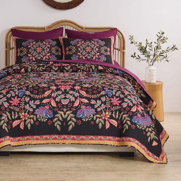 Jessa 3-Piece Floral Midnight Cotton Blend Full/Queen Quilt Set
