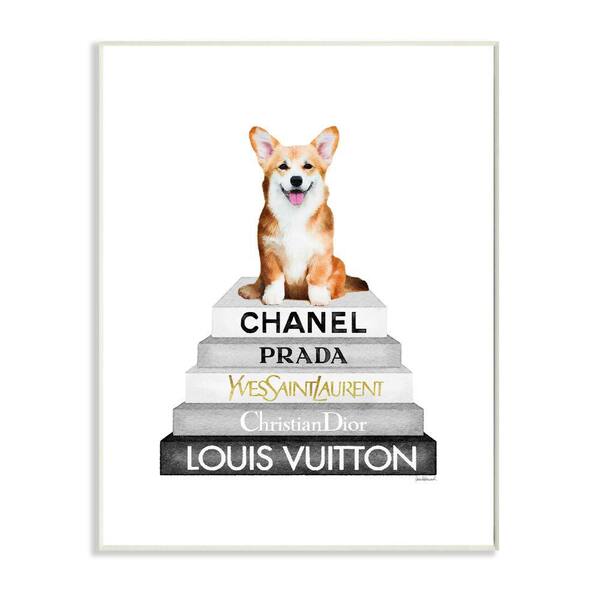 Stupell Industries "Smiling Corgi Puppy Fashion Icon Bookstack" by Amanda Greenwood Unframed Animal Wood Wall Art Print 13 in. x 19 in.