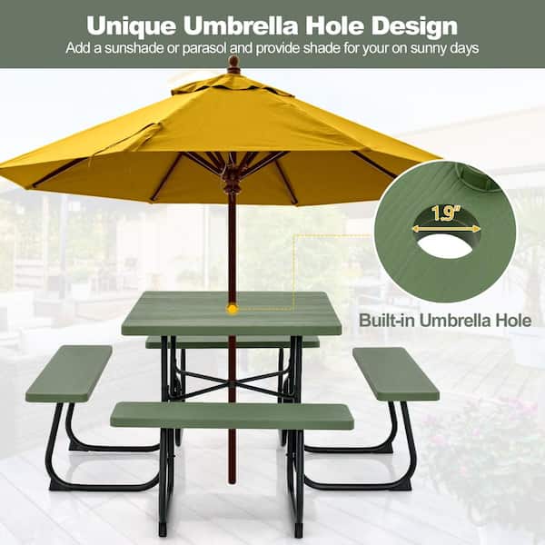 67 in. Green Rectangle HDPE Picnic Table Seats 8 People with Umbrella Hole