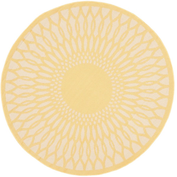 Courtyard Yellow/Beige 5 ft. Round Floral Medallion Indoor/Outdoor Area Rug