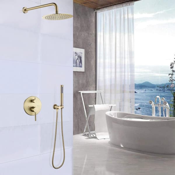 Single-Handle 2-Spray Round Shower Faucet in Brushed Gold Rainfall and Full Rainshower