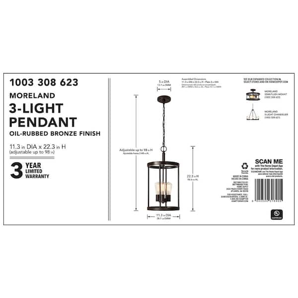 Hampton Bay Moreland 3--Light Bronze Pendant JQI9713A - The