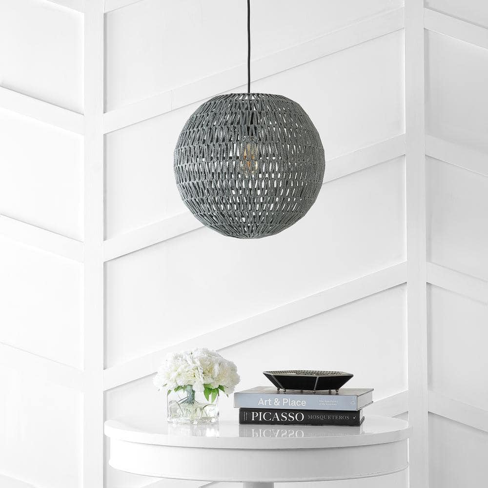 Luna 15.75" Gray Woven Rattan LED Pendant Light