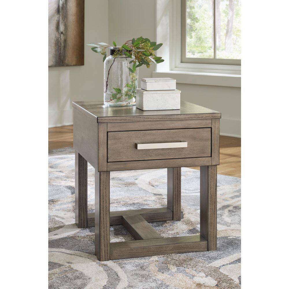 Transitional Brown and White Wood End Table with Storage and USB Charging