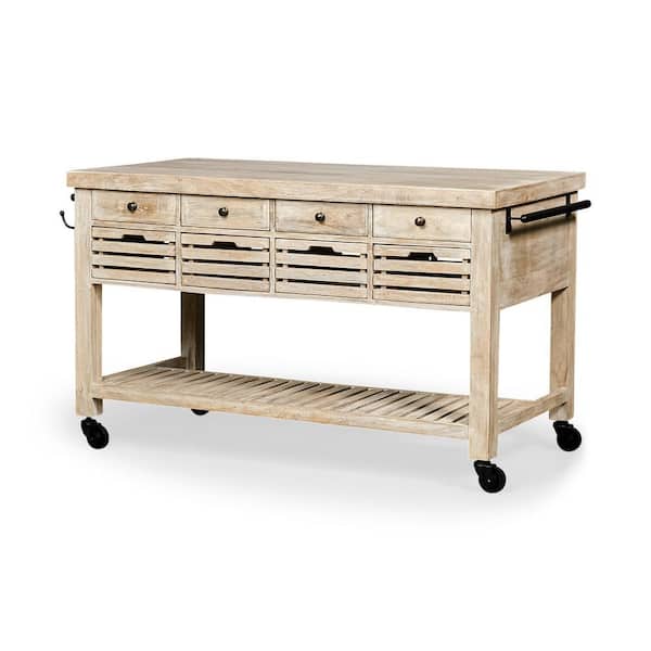 Whitewashed Wooden Columbia Kitchen Island with Wheels