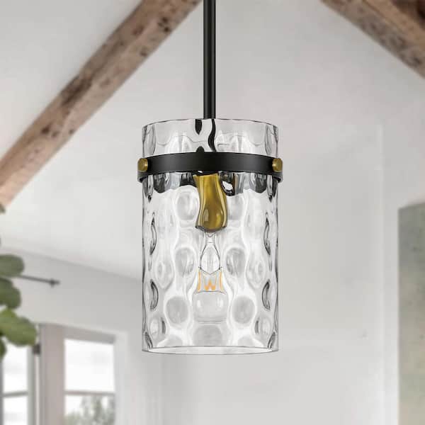 Modern Black Gold Pendant Light for Kitchen Island Over Sink Hammered Glass Cylinder Large Hanging Light for Dining Room