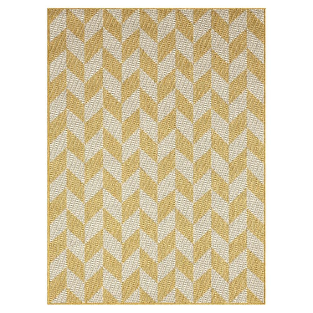 Yellow and Cream Geometric Synthetic Indoor/Outdoor Rug