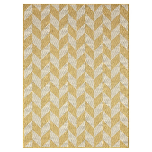 Patio Country Calla Yellow/Cream 6 ft. x 9 ft. Herringbone Indoor/Outdoor Area Rug