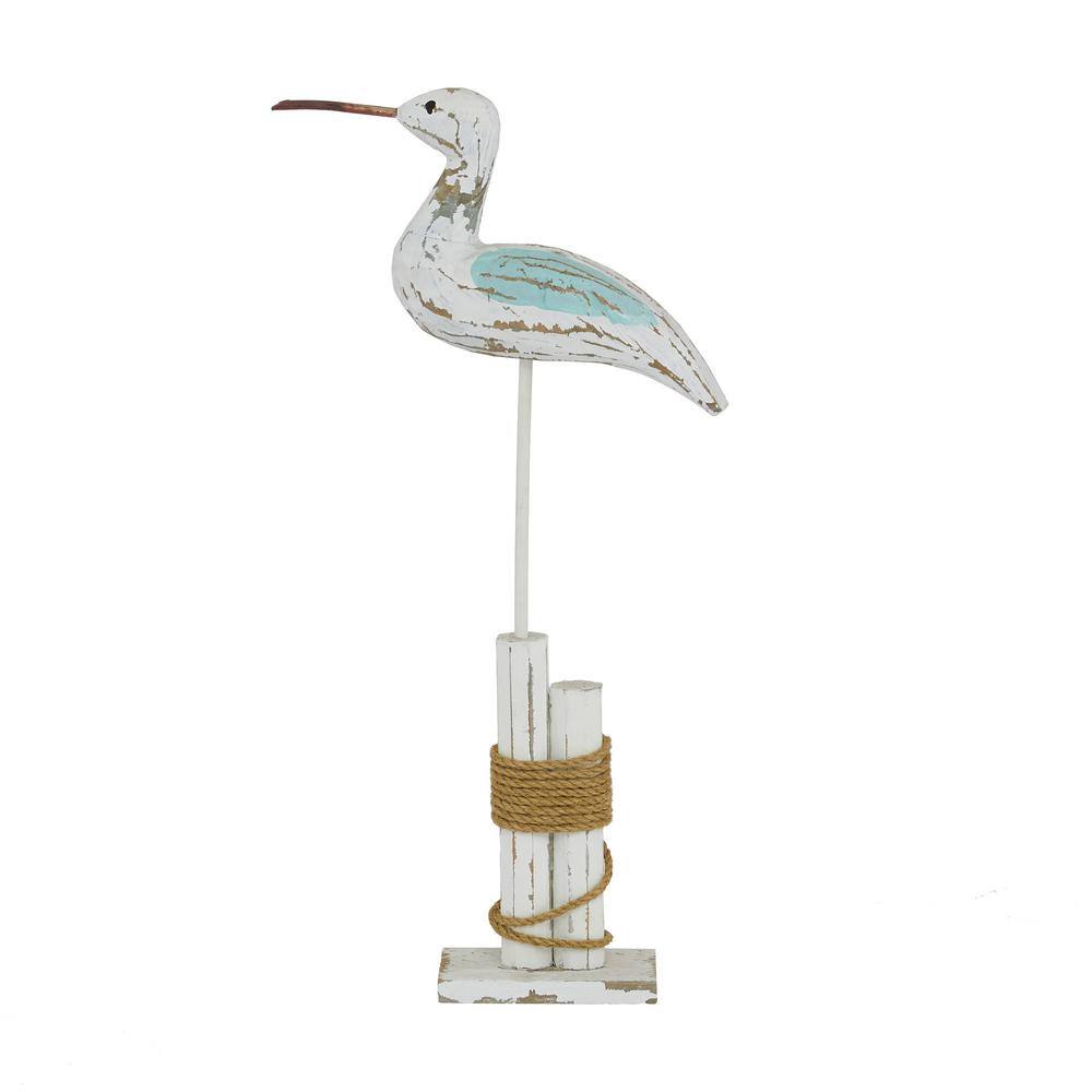 21" White Distressed Wood Bird Sculpture with Jute Trim
