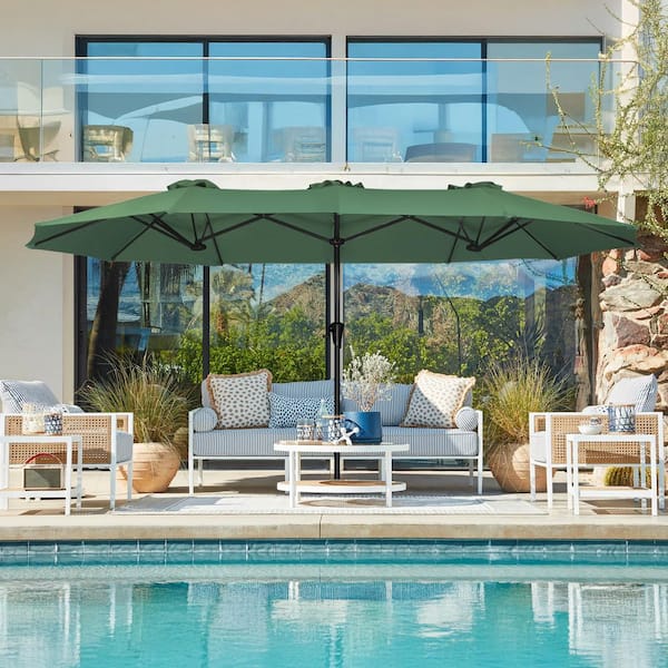 fade proof patio umbrella OGETFUUR 13 ft. Alloy Steel Outdoor Umbrella, Double sided Pool Umbrellas with Fade Resistant Canopy, No Base in Forest Green